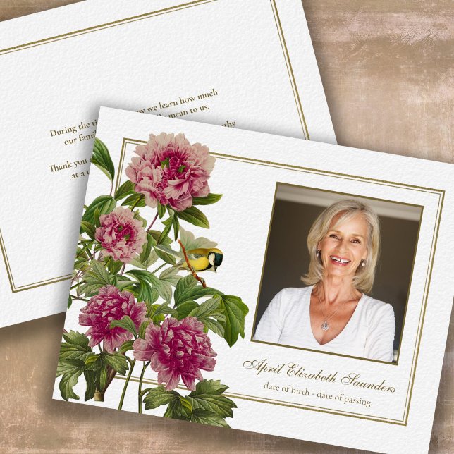 Tarjeta De Agradecimiento Funeral Rosa Floral Fotografía Simpatía Gracias Ta (Botanical Peony Luxury Bereavement Memorial Sympathy Funeral Thank You Card)
