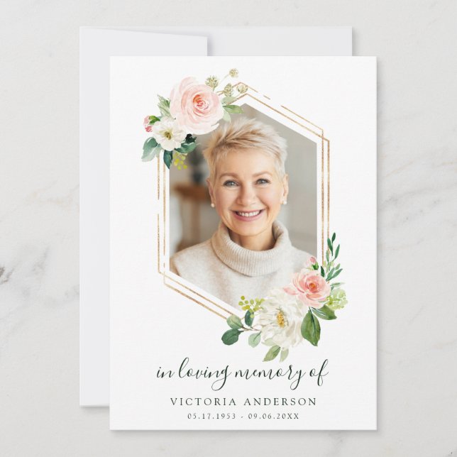 Tarjeta De Agradecimiento Funeral Rubor White Bloom Gold Hexagon (Anverso)