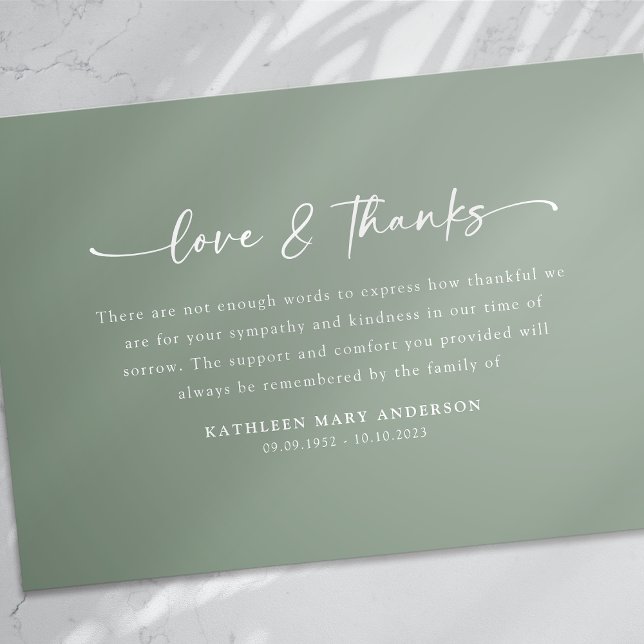 Tarjeta De Agradecimiento Funeral Sage Green Simple Script (Subido por el creador)