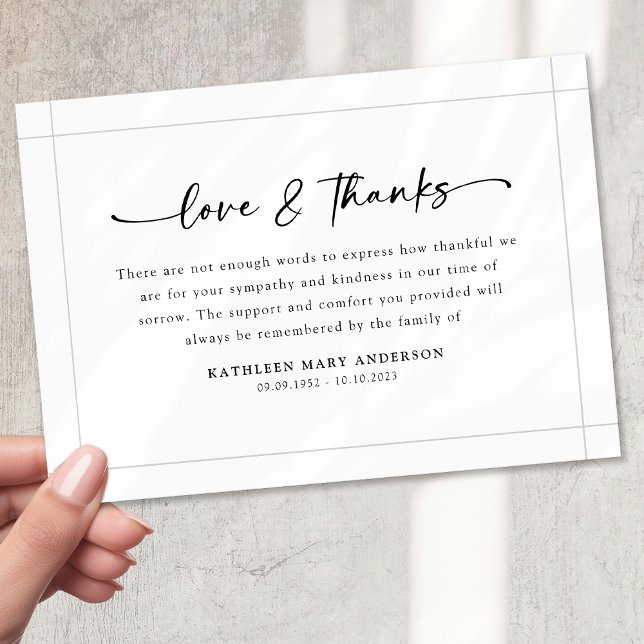Tarjeta De Agradecimiento Funeral sencillo de escritura en blanco negro (Subido por el creador)