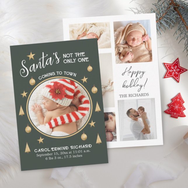 Tarjeta De Agradecimiento Funny Collage de fotos Nacimiento Estadístico Fest (GREEN CHRISTMAS BABY BIRTH ANNOUNCEMENT CARD)