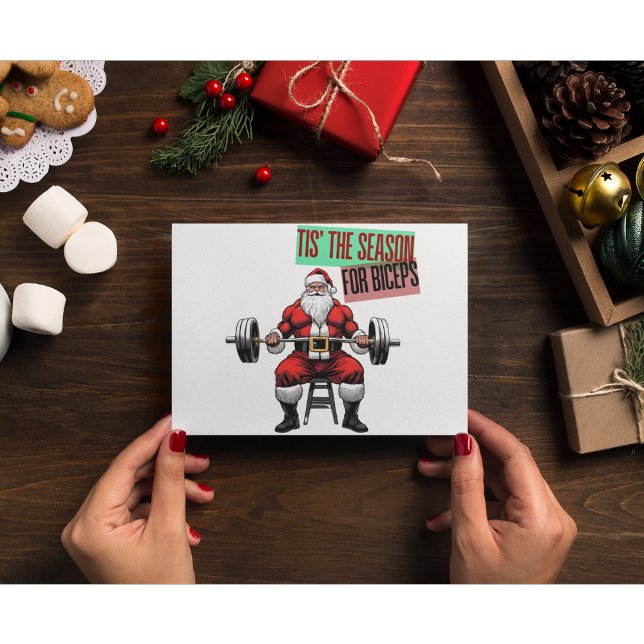 Tarjeta De Agradecimiento Funny Fitness Navidades Bicep Curls Barbell Santa (Fitness Santa Bicep Curl Christmas Card Quote)