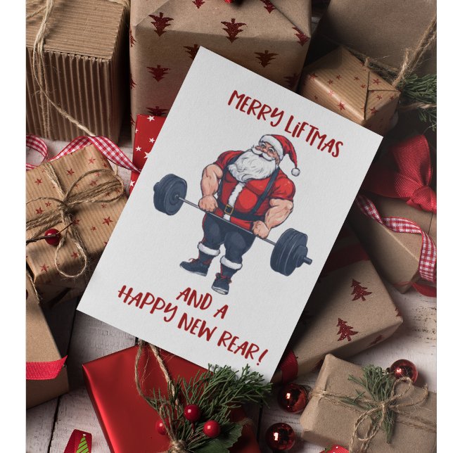 Tarjeta De Agradecimiento Funny Fitness Navidades Liftmas Barbell Santa Pun (Swole santa Christmas greeting card.)