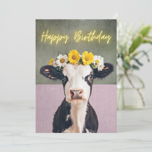 Tarjeta De Agradecimiento Funny Flower Cow Birday Card (Anverso de pie)