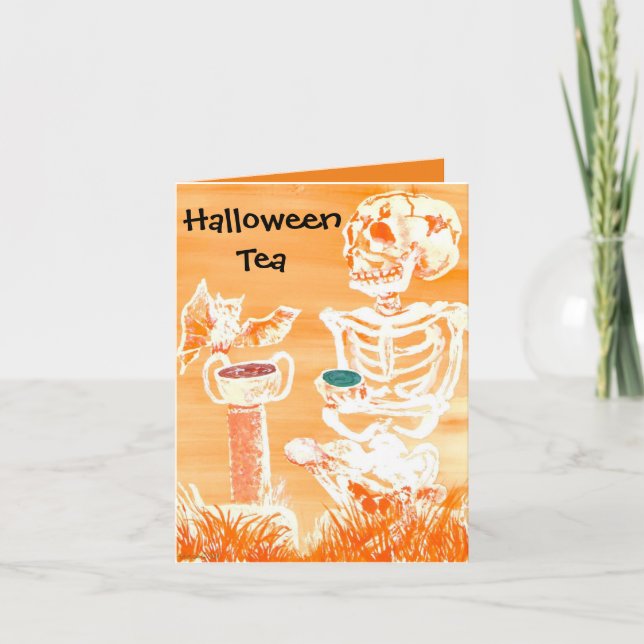 Tarjeta De Agradecimiento Funny Halloween Skeleton-Bat Tea Time Doble Tarjet (Anverso)