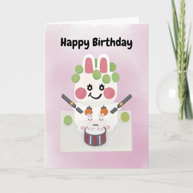 Tarjeta De Agradecimiento Funny K-Pop Bunny Pastel De Cumpleaños Con Uvas (Anverso)
