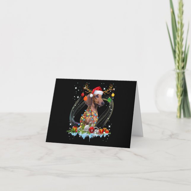 Tarjeta De Agradecimiento Funny Santa Dachshund Reindeer Light Navidades (Anverso)