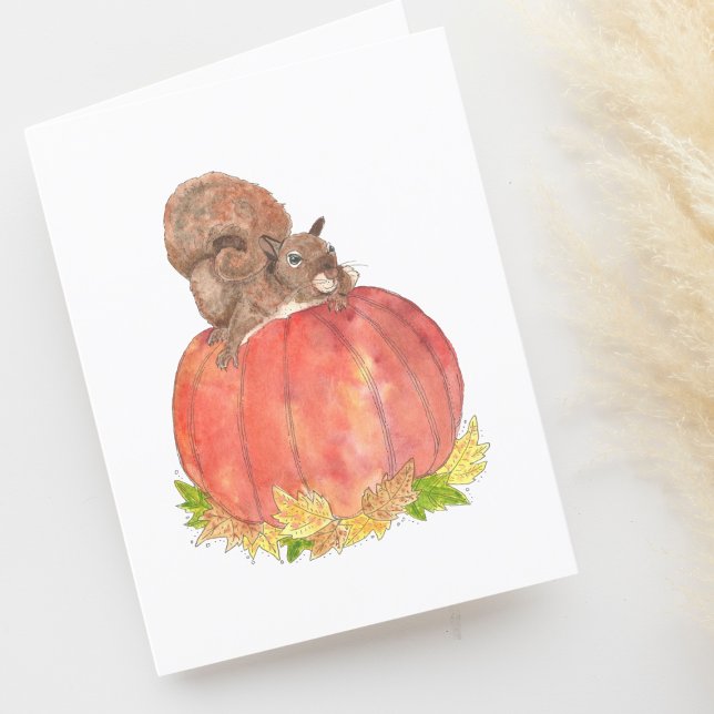 Tarjeta De Agradecimiento Funny Squirrel sobre la calabaza del otoño acuarel (Subido por el creador)