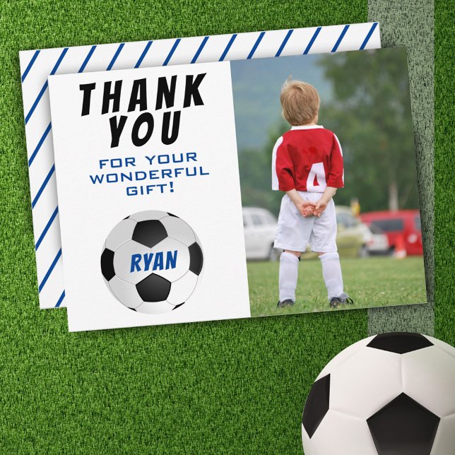 Tarjeta De Agradecimiento Fútbol Balón Niños Azules Foto Cumpleaños (Subido por el creador)