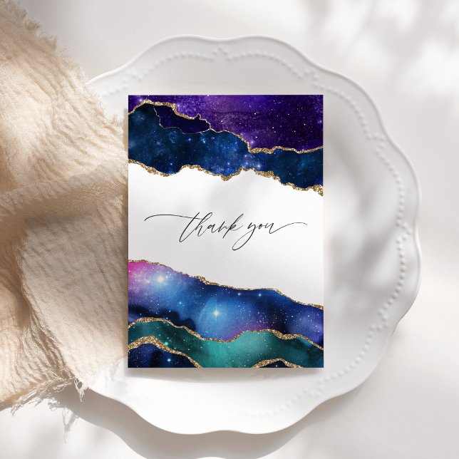 Tarjeta De Agradecimiento Galaxia Ágata Brillo Falso Fotografía Celestial de (Galaxy Agate Faux Glitter Celestial Wedding Photo Thank You Card)