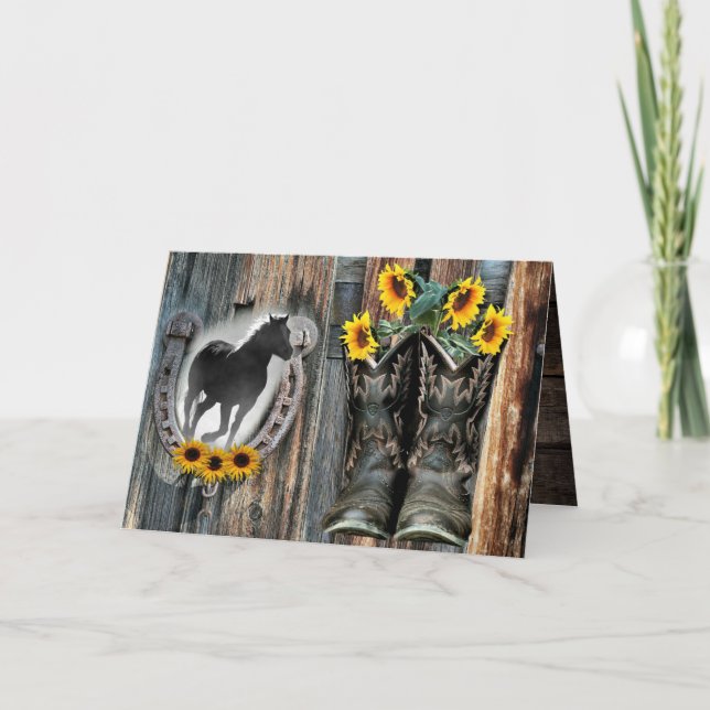 Tarjeta De Agradecimiento Galopando Cowboy Boots Horseshoe Sunflowers (Anverso)
