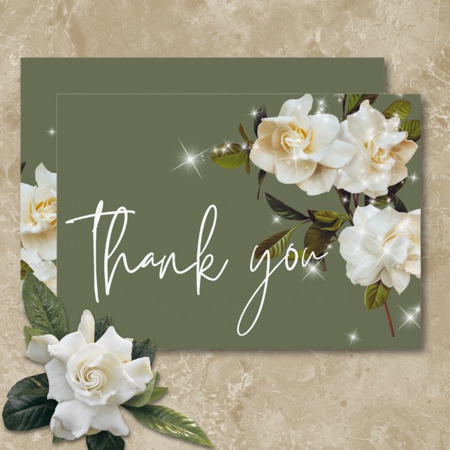 Tarjeta De Agradecimiento Gardenias blancas modernas en Boda de espuma de sa (Modern White Gardenias on Sage Sparkle Wedding Thank You Card)