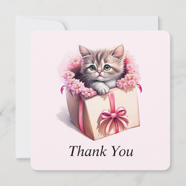Tarjeta De Agradecimiento Gatito Adorable en una caja regalo de cumpleaños (Anverso)
