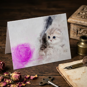 Tarjeta De Agradecimiento Gatito jugando con una acuarela de bola de hilado 