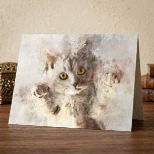 Tarjeta De Agradecimiento Gatito Juguetón de Acuarela con Ojos Brillantes de