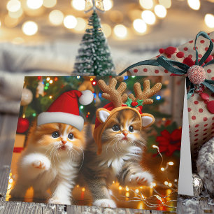 Tarjeta De Agradecimiento Gatitos con Santa Claus y gorras de renos