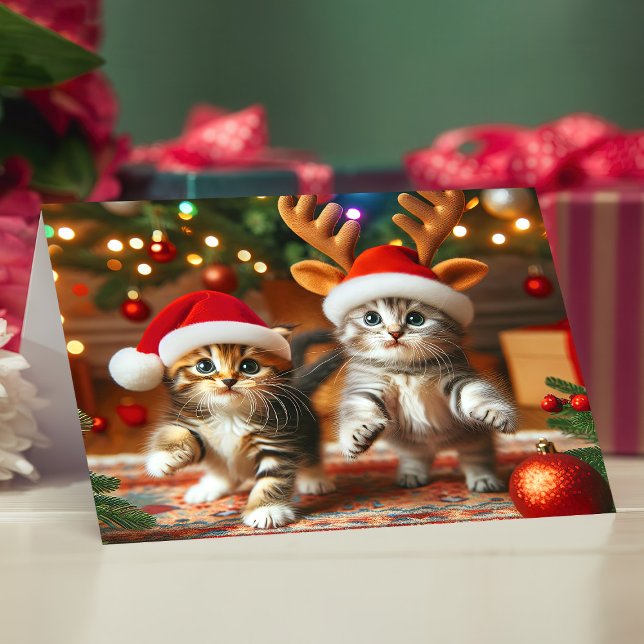 Tarjeta De Agradecimiento Gatitos con Santa Claus y gorras de renos 3 (Subido por el creador)
