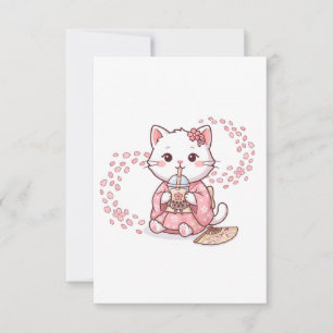 Tarjeta De Agradecimiento Gato Adorable Bebiendo Té de Burbujas de Sakura