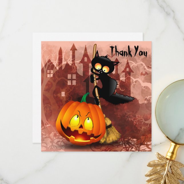 Tarjeta De Agradecimiento Gato asustado por un personaje de Halloween divert (Anverso/Reverso In Situ)