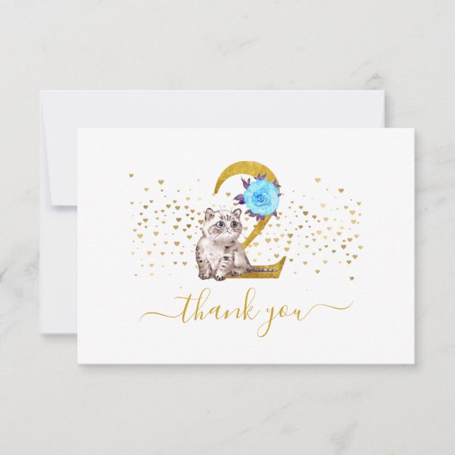 Tarjeta De Agradecimiento Gato bebé y flores 2 cumpleaños gracias (Anverso)