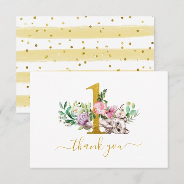 Tarjeta De Agradecimiento Gato bebé y flores primer cumpleaños gracias (Anverso / Reverso)