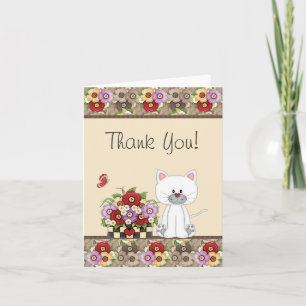 Tarjeta De Agradecimiento Gato blanco, flores y mariposa gracias