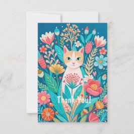 Tarjeta De Agradecimiento Gato blanco y flores lindas dibujadas a mano