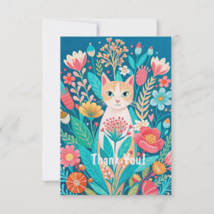Tarjeta De Agradecimiento Gato blanco y flores lindas dibujadas a mano