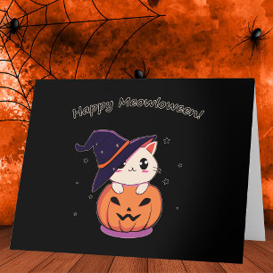 Tarjeta De Agradecimiento Gato Bruja Kawaii Adorable en Calabaza de Hallowee