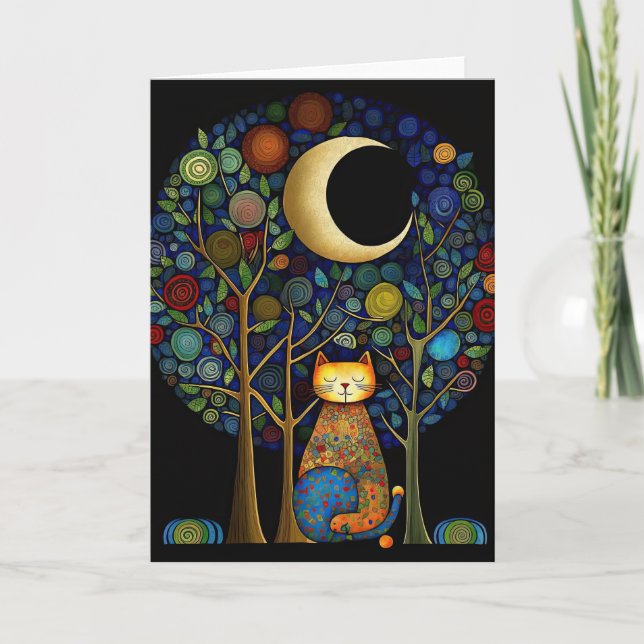 Tarjeta De Agradecimiento Gato caprichoso en la luna del bosque (Anverso)