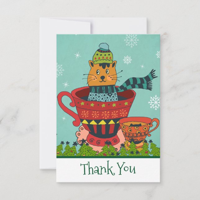 Tarjeta De Agradecimiento Gato caprichoso sentado en una taza de té Navidade (Anverso)