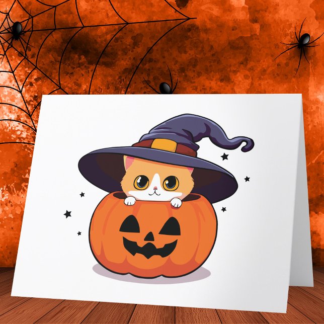 Tarjeta De Agradecimiento Gato con bruja gorra en Halloween Jack-O-Lantern (Subido por el creador)