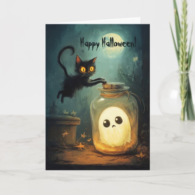 Tarjeta De Agradecimiento Gato con fantasma en una barra (Anverso)