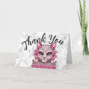 Tarjeta De Agradecimiento Gato con Rosas Rosadas