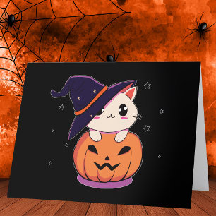 Tarjeta De Agradecimiento Gato con sombrero de bruja en Jack-O-Lantern de Ha