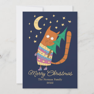 Tarjeta De Agradecimiento Gato con un árbol de Navidad.