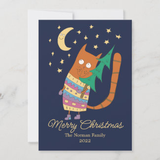 Tarjeta De Agradecimiento Gato con un árbol de Navidad.
