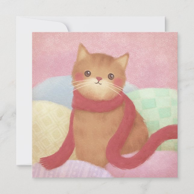 Tarjeta De Agradecimiento Gato Con Un Ilustracion Rojo De Carne (Anverso)