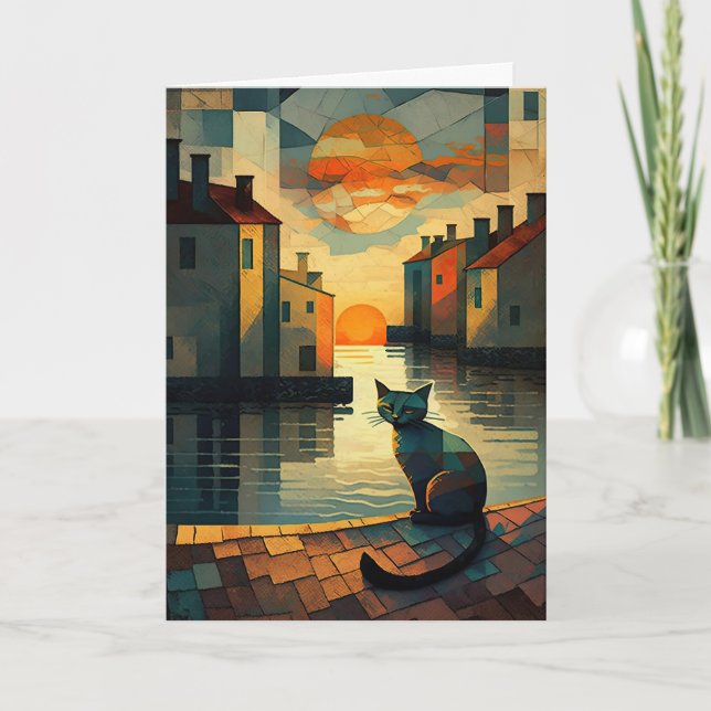Tarjeta De Agradecimiento Gato cubista: Atardecer en aguas venecianas (Anverso)