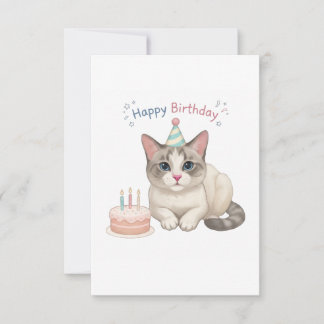 Tarjeta De Agradecimiento Gato de Cumpleaños Adorable con Tarta y Sombrero d