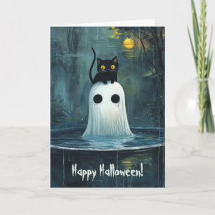Tarjeta De Agradecimiento Gato feliz de Halloween y fantasma en una piscina