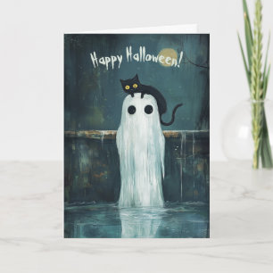 Tarjeta De Agradecimiento Gato feliz de Halloween y fantasma en una piscina