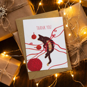 Tarjeta De Agradecimiento Gato Feliz Navidad - Gato Juguetón con Cintas Roja