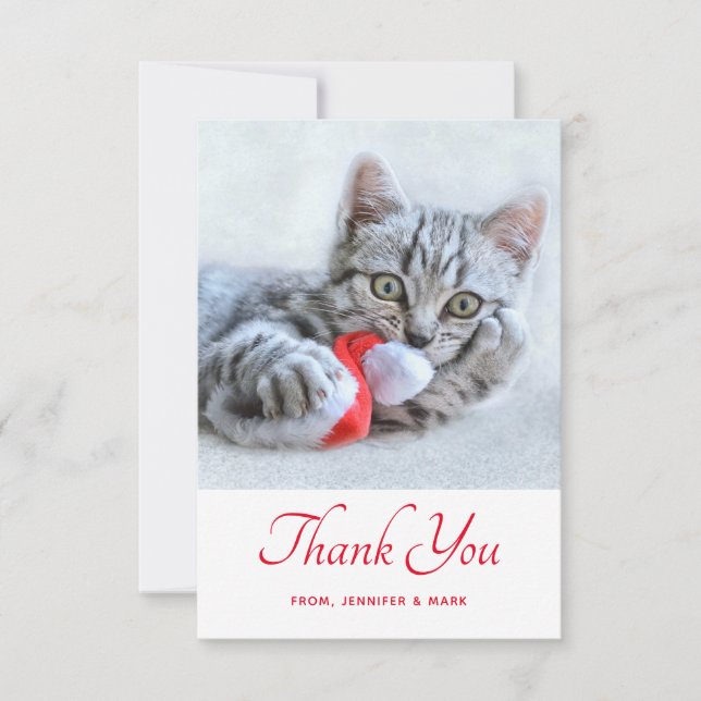 Tarjeta De Agradecimiento Gato gatito lindo mordiendo un Sombrero rojo graci (Anverso)