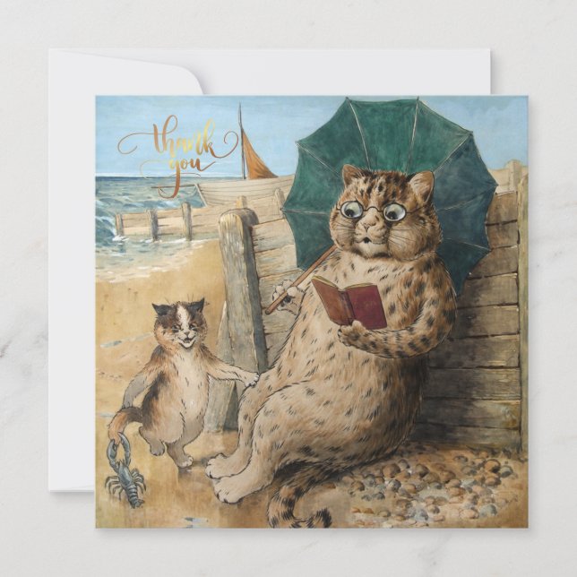 Tarjeta De Agradecimiento Gato leyendo un libro de Louis Wain (Anverso)