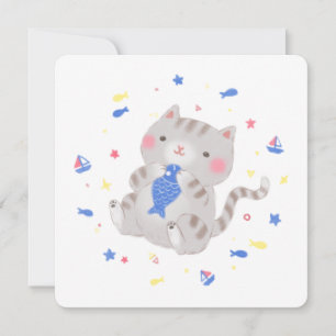 Tarjeta De Agradecimiento Gato lindo con pescado en ilustración de verano