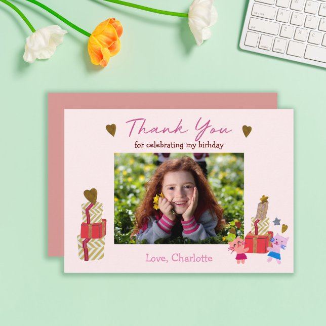 Tarjeta De Agradecimiento Gato lindo y regalos | Fiesta de cumpleaños rosa (Subido por el creador)