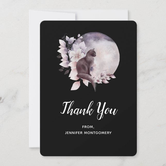 Tarjeta De Agradecimiento Gato Negro bajo una Luna Llena Mágica (Anverso)