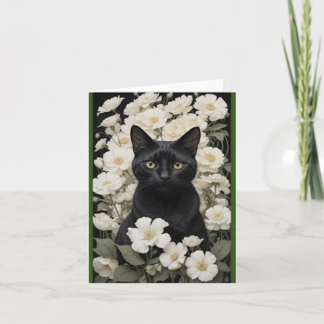 Tarjeta De Agradecimiento gato negro con flores blancas (Anverso)