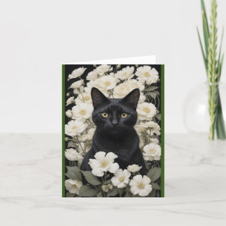 Tarjeta De Agradecimiento gato negro con flores blancas